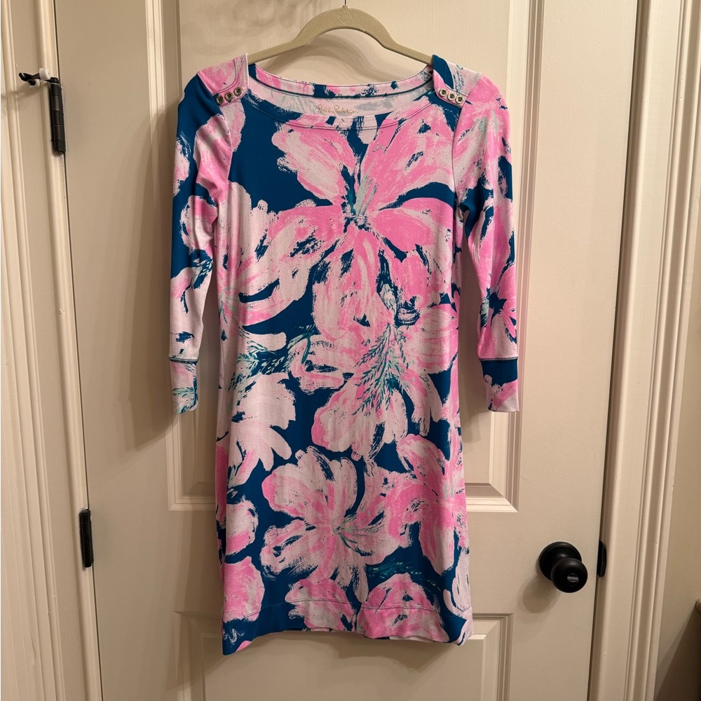 Floral Boatneck Shift Dress in Pink & Teal